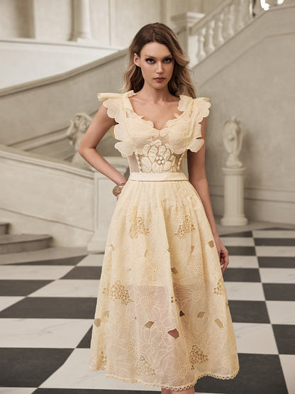 Gryon Sleeveless Floral Cutout Midi Dress