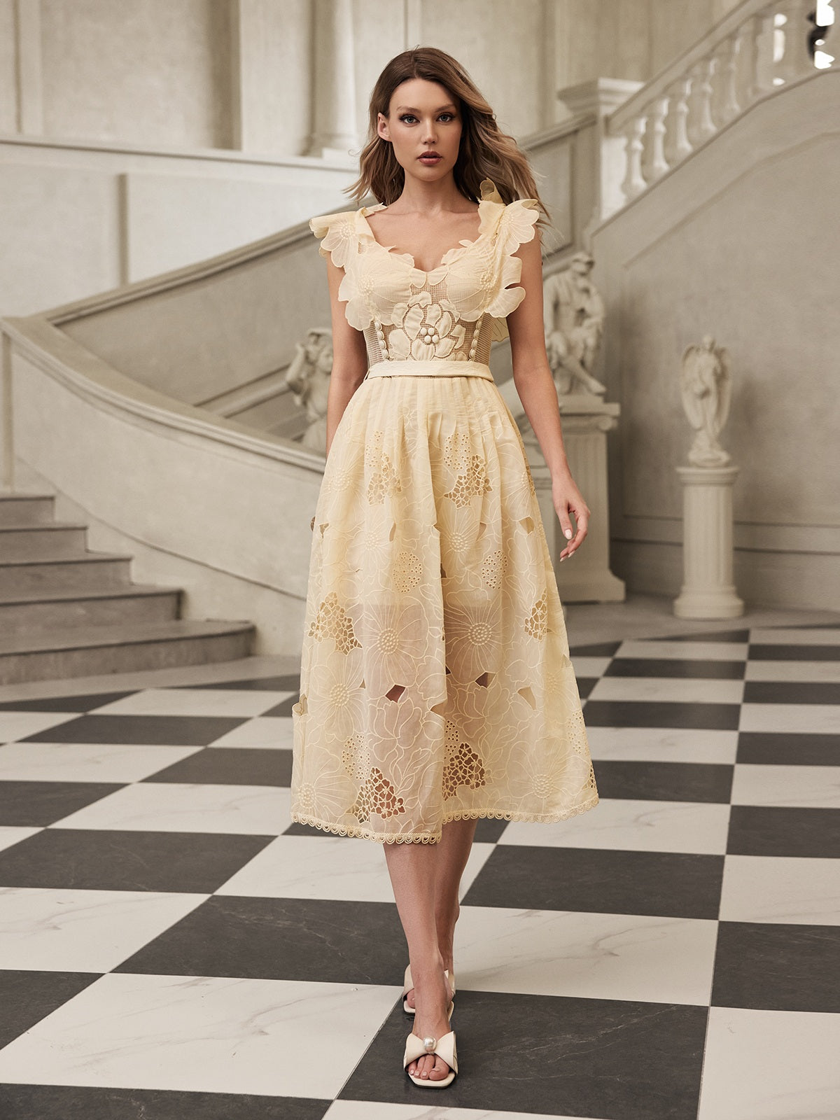 Gryon Sleeveless Floral Cutout Midi Dress