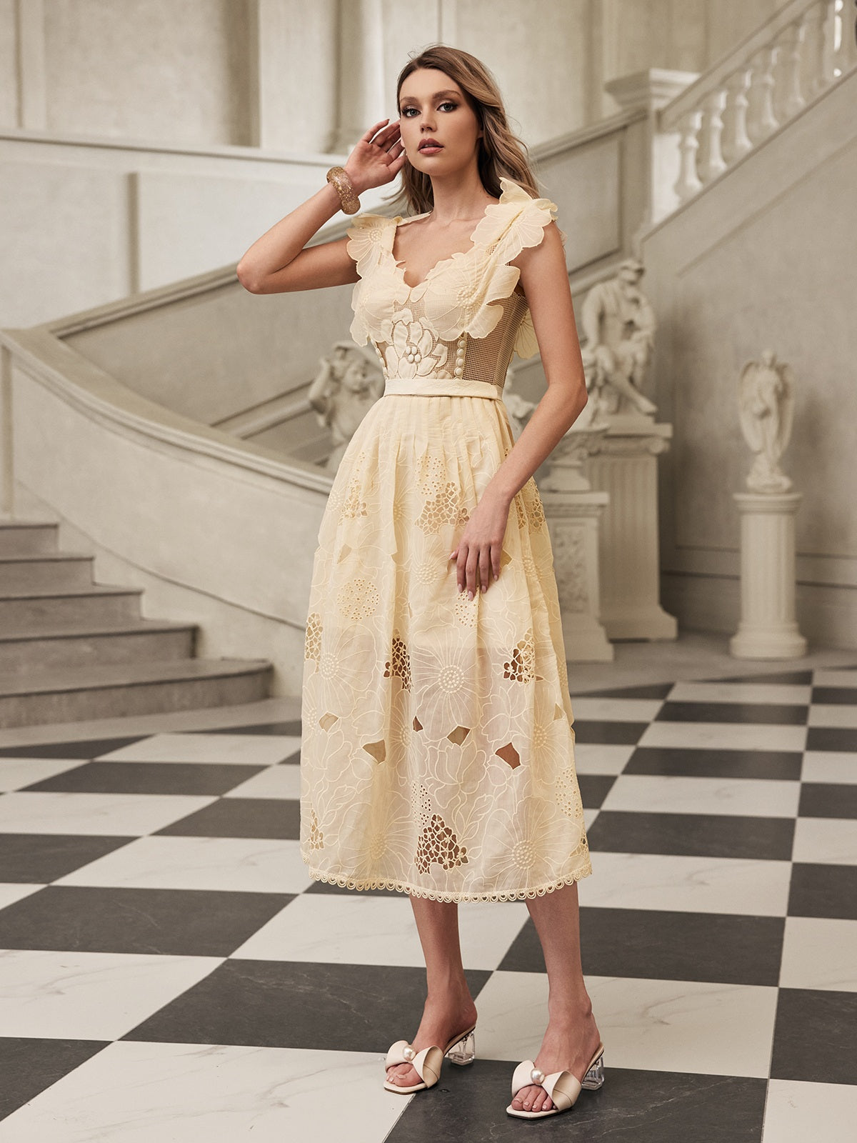 Gryon Sleeveless Floral Cutout Midi Dress