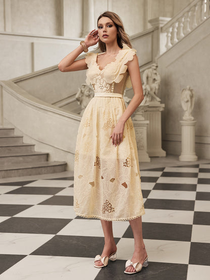 Gryon Sleeveless Floral Cutout Midi Dress