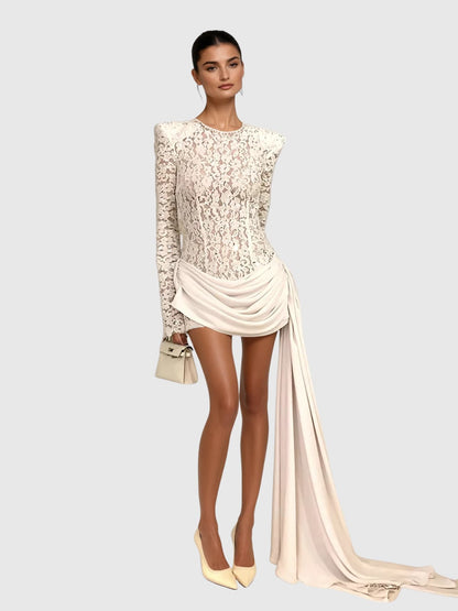 Kaatib Long Sleeve Lace Draped Mini Dress