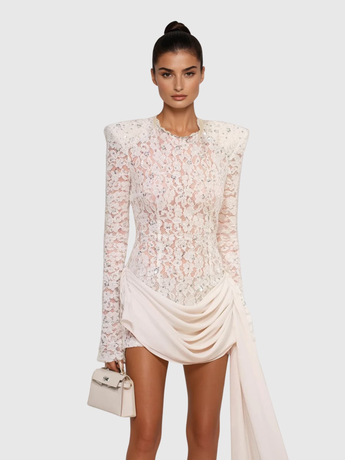 Kaatib Long Sleeve Lace Draped Mini Dress