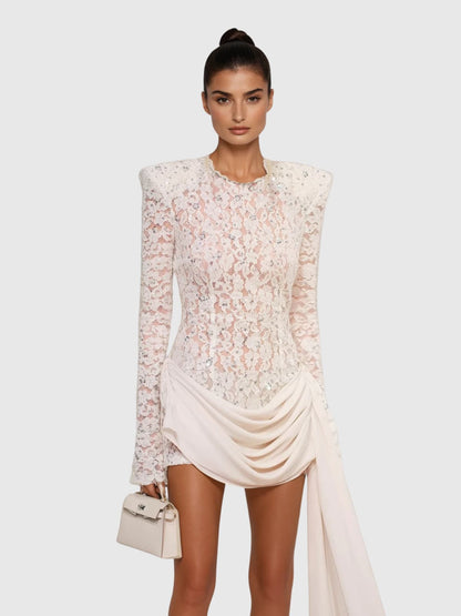 Kaatib Long Sleeve Lace Draped Mini Dress