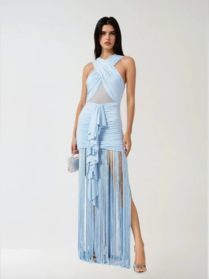Ouray Sleeveless Ruched Fringe Maxi Dress